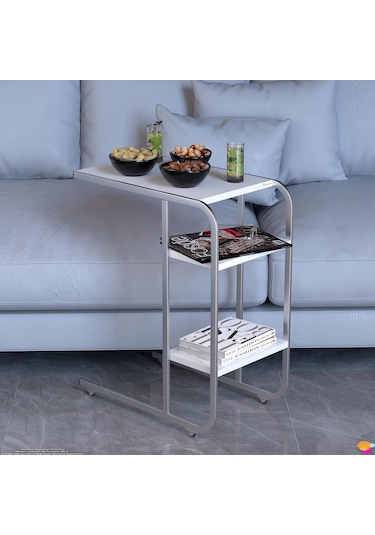 Modilayn C Yan Sehpa Dar Boy Tekerlekli Çalışma, Atıştırmalık, Yemek, Laptop Sehpası Beyaz Beyaz