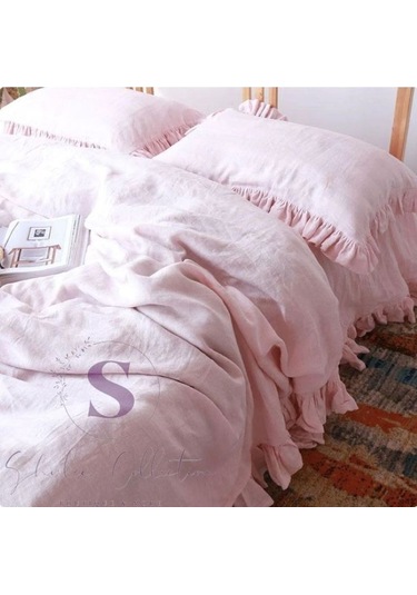 % 100 Pamuk Pembe Fırfırlı Keten Çift Kişilik Nevresim Takımı 200 X220 Pembe