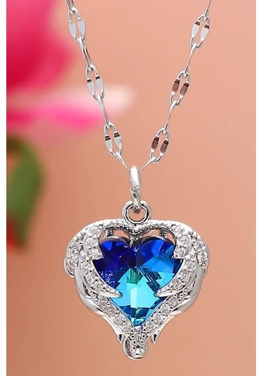 Takı Dükkanı Gümüş Renk Okyanusun Kalbi Kalpli Mor Taşlı Kadın Çelik Kolye Eck51 Gümüş