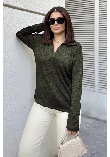 Kadın Haki Polo Yaka Basic Bluz, Uzun Kol, Regular Kesim, Günlük Ve Spor Kaliteli Kumaş Sweatshirt Yeşil