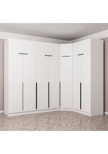 Kaleplus 7 Kapaklı 2 Çekmeceli Köşe Dolap + Yüklük Beyaz Mebran Beyaz Çizgili 255cm Beyaz
