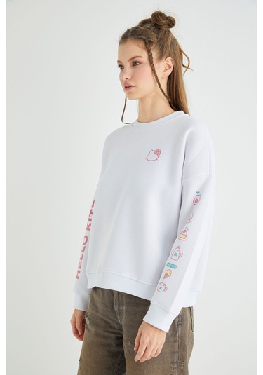Hello Kitty Lisanslı Baskılı Kalın Oversize Beyaz Sweatshirt Renkli