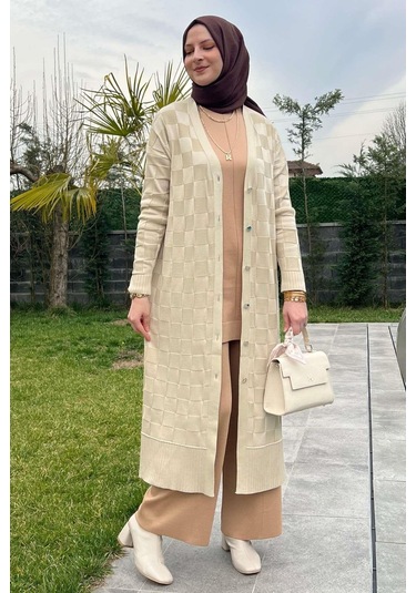 Rabia Şamlı Dama Desenli Taş Triko Hırka Çok Renkli