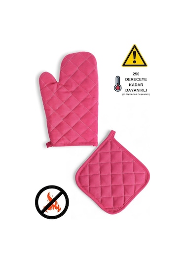 Yanmaz Fırın Eldiveni Ve Fırın Tutacağı 1 Eldiven 1 Tutacak Fuşya