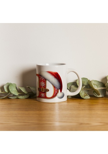 D Harfi Yılbaşı Temalı Bardak 330 Ml Harfli Kişiye Özel Hediye - Yeniyıl / Noel Şapka Tasarım Beyaz