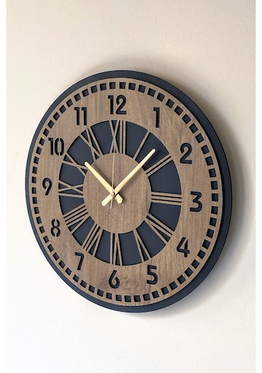 Remium Mat Siyah- Açık Kahverengi Duvar Saati 48cm Ahşap - Siyah