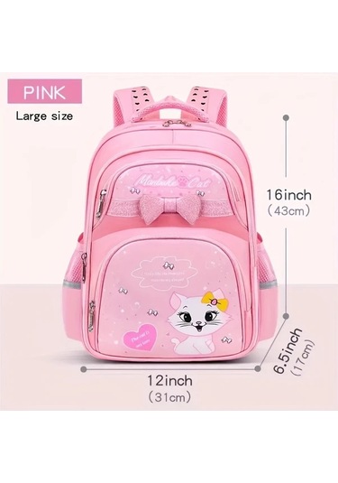 Dream011 Sevimli Çizgi Film Kedi Desenli Pembe Büyük İlkokul Çantası 1-6 Sınıflar Kız Çocuk Ultra Hafif Büyük Kapasiteli Pembe