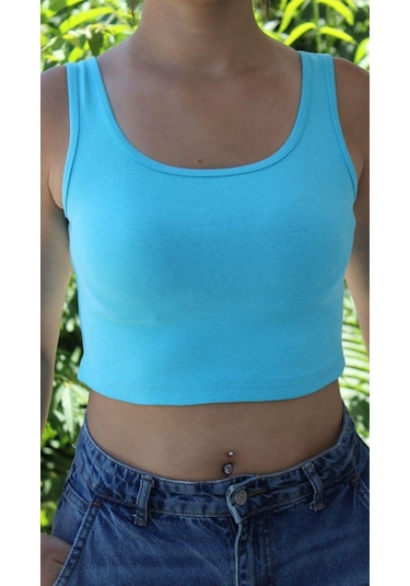 Afri Kadın Mavi Basic Ribana Atlet Crop Likralı Spor Üst Mavi