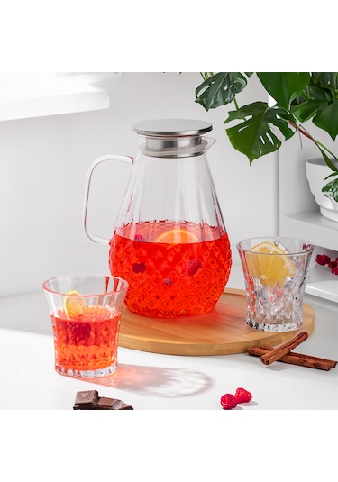 Porsima 20-0097 Borosilikat Cam Sürahi Metal Kapaklı Cam Sürahi