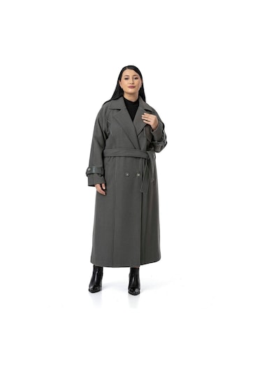Büyük Beden Deri Biye Detaylı Fleto Cepli Kuşaklı Astarlı Kaşe Uzun Gri Kaban Gri