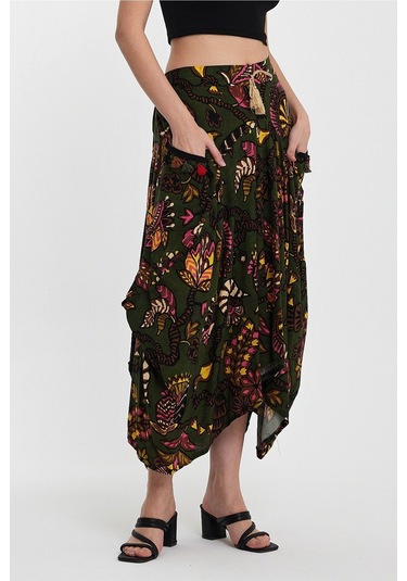 Schık Kadın Viskon Empirme Çiçek Baskı Bohem Stil Cepli Bel Lastikli Etek Haki