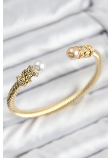 316l Çelik Zirkon Taşlı İnci Model Gold Renk Kadın Bileklik Çok Renkli