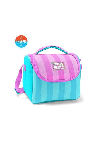 Coral High İlkokul Kız Çocuk Okul Beslenme Çantası, Turkuaz Pembe Çizgili, Termoslu Isı Yalıtımlı Çok Renkli