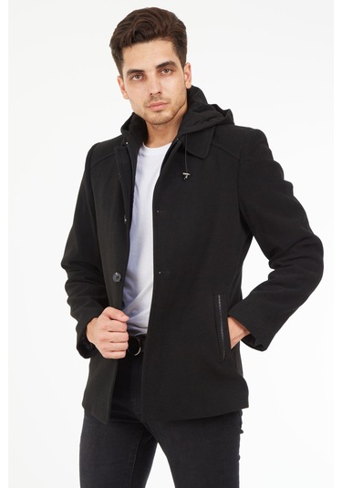 Sposo 1704 Çıkma Kapşonlu Yün Kaşe Füme Erkek Kaban Füme