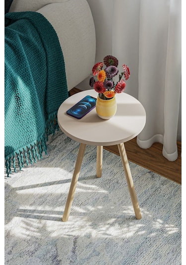 İntergo Yuvarlak Ahşap Ayaklı Tekli Zigon Yan Sehpa Krem