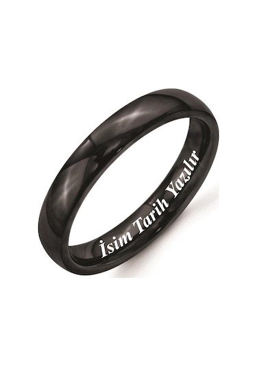 Kişiye Özel İsim Yazılı 4mm Bombeli Parlak Erkek Kadın Çelik Alyans Yüzük Cl18ko Siyah