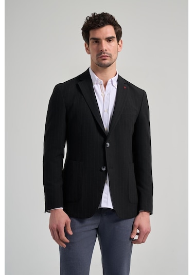 Çizgili Desen Gofreli Mono Yaka Esnek 6 Drop Slim Fit Ceket 1002250122 Siyah