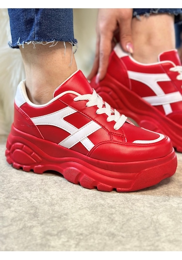 Günlük Kadın Sneaker Kalın Yüksek Taban Bağcıklı Rahat Tiger Şeritli Spor Ayakkabı 032 12 - Kırmızı Beyaz