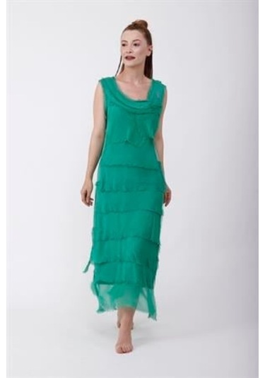 Italyan 2 Beden İnce Gösteren Kat Kat Kolsuz Ipek Elbise-8769 Yeşil