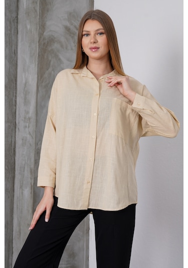 Paw Garage Kadın London Keten Tek Cepli Oversize Gömlek, Premium Kalite Keten Gömlek Taş