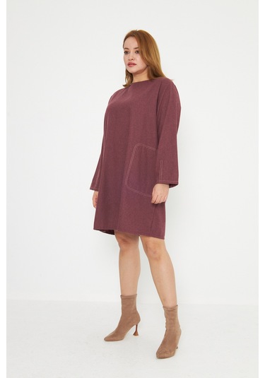 Bordo Dikiş Detaylı Büyük Beden Tunik Bordo