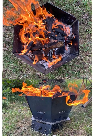 Altıgen Ateş Çukuru, Tam Katlanır Pratik Şömine - Çantalı Siyah