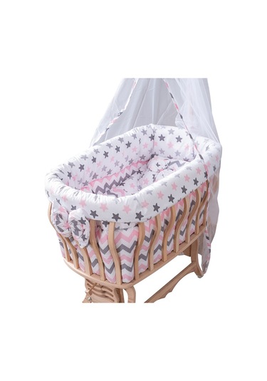 Setaymobilya Doğal Ağaç Beşik, Kristal Çizgili Sepet Beşik +Uyku Seti+Cibinlik