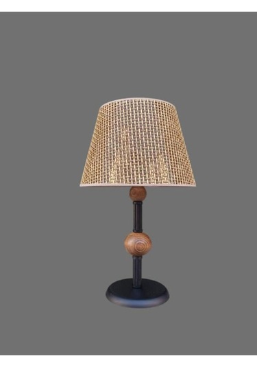 Çift Ahşaplı Abajur Siyah Rattan Kahve Rengi Şapkalı Siyah