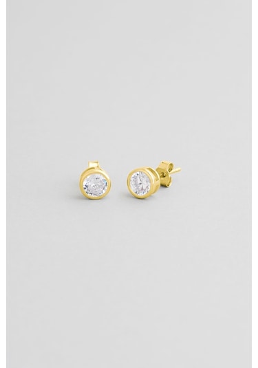 Beyaz Taşlı Unisex Gümüş Tek Taş Küpe Altın Kaplama