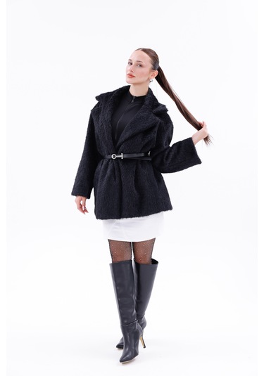 Kemer Detaylı-astarlı-düğmeli Kadın Kaban Siyah