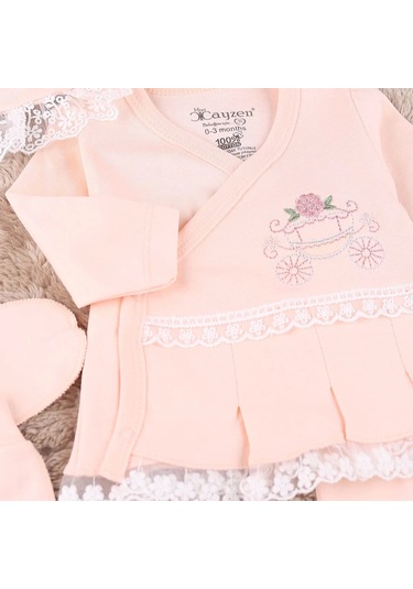 Çiçekli Araba Nakışlı Dantelli 5'li Kız Bebek Hastane Çıkışı 0-3 Ay Somon Somon