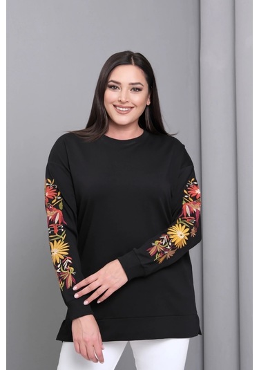 Kolları Nakışlı Yırtmaçlı Sweatshirt Siyah