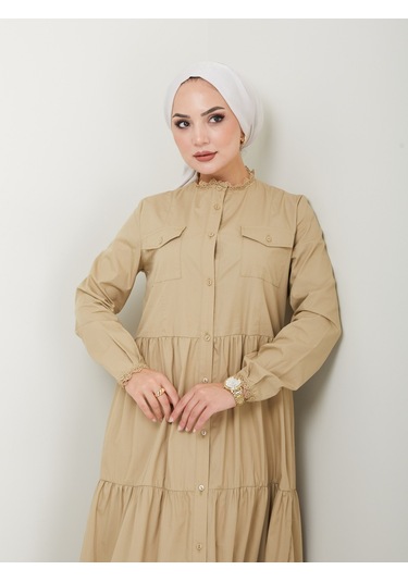 Dantelli Doğal Kumaşlı Boydan Düğmeli Kot Elbise Haki