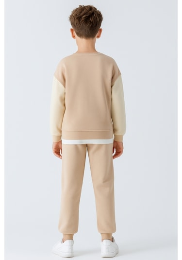 Erkek Çocuk Upper Baskılı 3 İplik Kalın Kışlık Eşofman Takımı Ak4231 Bej