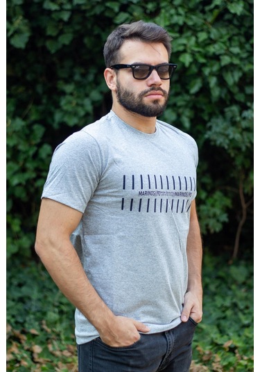 Erkek Gri Çizgi Baskılı Normal Kesim Bisiklet Yaka Erkek Tişört 22etshmros 001