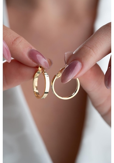 925 Ayar Gümüş Gold Kaplama Düz Sade 20 Mm Halka Şarnel Küpe Gold