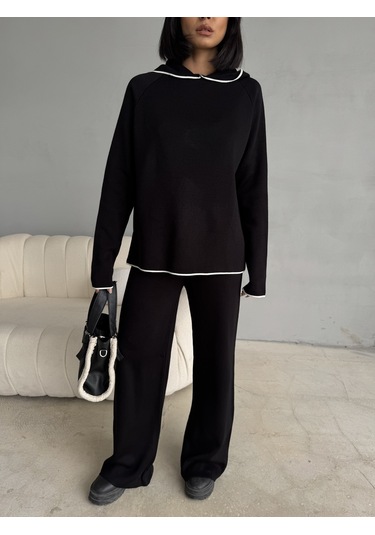 Kadın Kapüşonlu Çizgi Detaylı Triko Alt-üst Takım Siyah