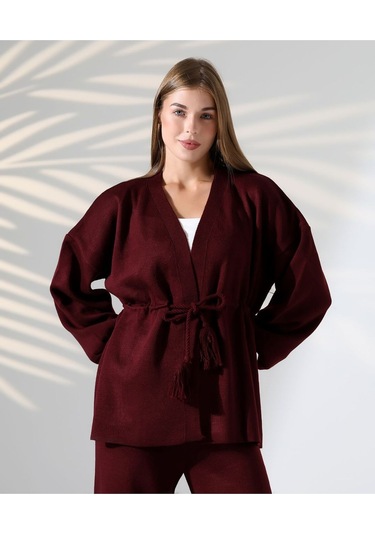 Kuşak Detaylı İkili Triko Takım Bordo