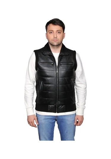 Asyaclub Max Hakiki Deri Erkek Siyah Trikolu Şişme Yelek Siyah