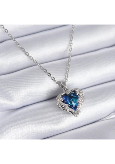 Gümüş Renk Sf Zincirde Mavi Kalp Gezegen Vip Solmaz Kararmaz Çelik Kolye Gümüş