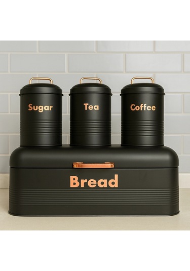 4 Lü Mutfak Seti Ekmeklikçay Kahve Şekerlik Siyah 43x20 Antrasit
