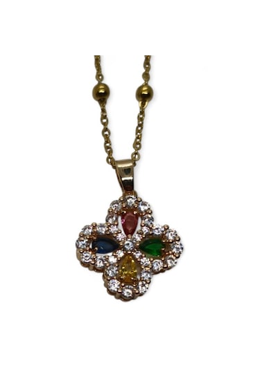 Altın Renk Mix Taşlı Yonca Model Top Zincir Çelik Kolye Altın