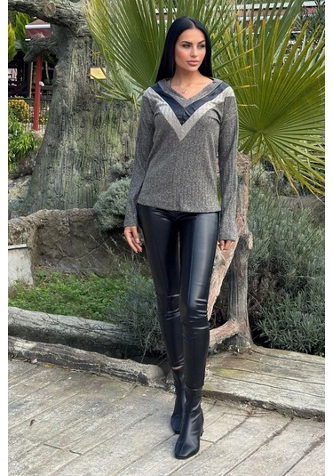 Haki & Antrasit Deri Kontrastlı V Yaka Kaşkorse Kazak Haki