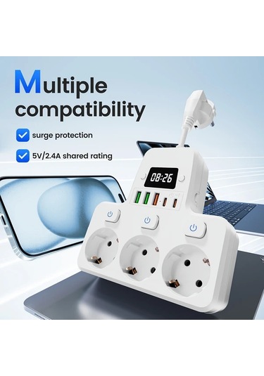 Xuweiwei 9lu 1 Arada Dijital Saatli Ayarlanabilir Zamanli Ab Guc Panosu Beyaz 3 Ac Priz 3 Usb 2 Tip C Portu Asiri Yuk Korumali Ev Ofis Seyahat Icin