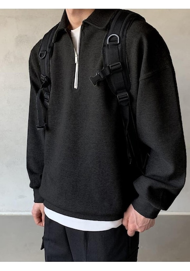 Genius Store Polo Yaka Yarım Fermuar Oversize Erkek Sweatshirt - Siyah