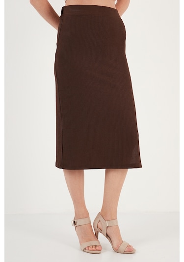 Lela Yüksek Bel Yırtmaçlı Dar Kesim Midi Bayan Etek 5865600 Kahve