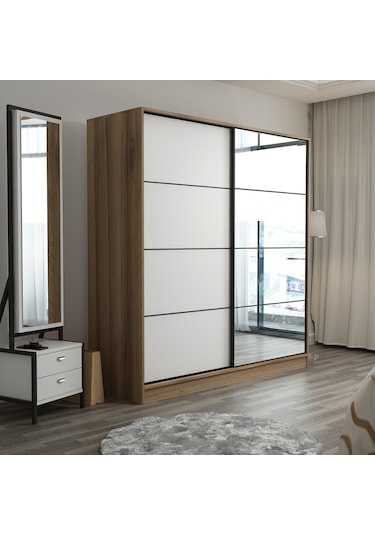 Minar Kale 2 Kapaklı Aynalı Sürgülü Dolap 180 Cm - Dore/ Beyaz 210cm