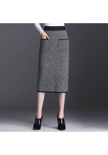 Sonbahar Kış Kadın Midi Örme Etek Kadın Etek Yüksek Bel Kalınlaşmak Cepler Ince Bir Adım Kalça Etek Gri