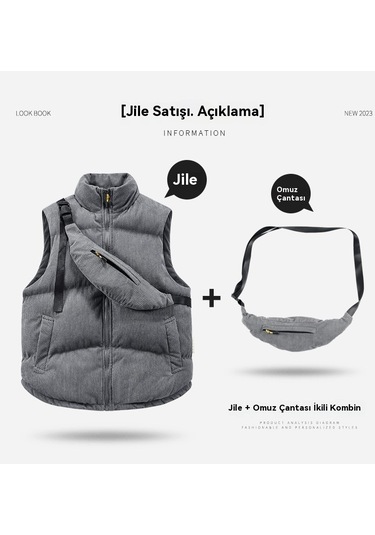 Kadife Dik Yaka Pamuklu Yelek Ve Omuz Çantası Mavi