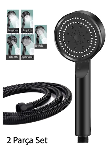 Maxima Siyah 5 Fonksiyon Duş Başlığı Ve Siyah Duş Hortumu Duş Set Siyah